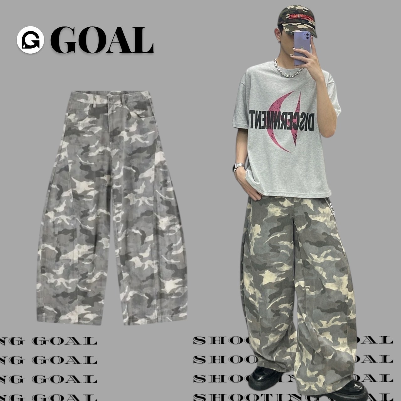 （GOAL) ERHU 222326 美式迷彩水洗灰彎刀褲 工裝褲 闊腿褲