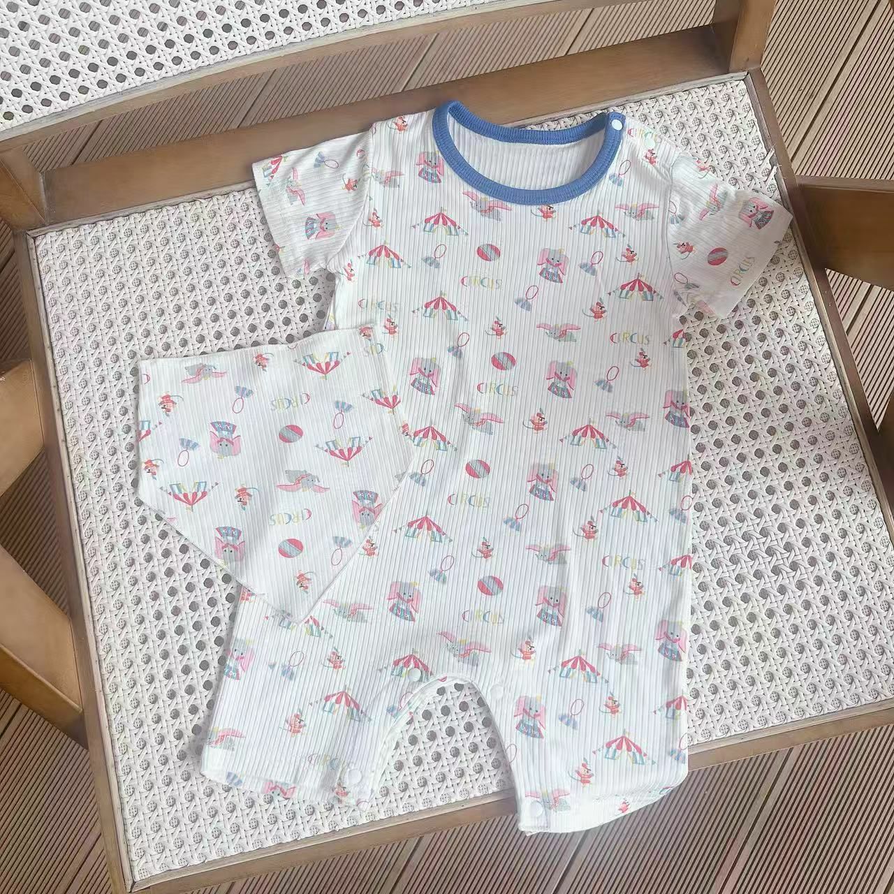 日單 純棉坑紋短爬兩件套