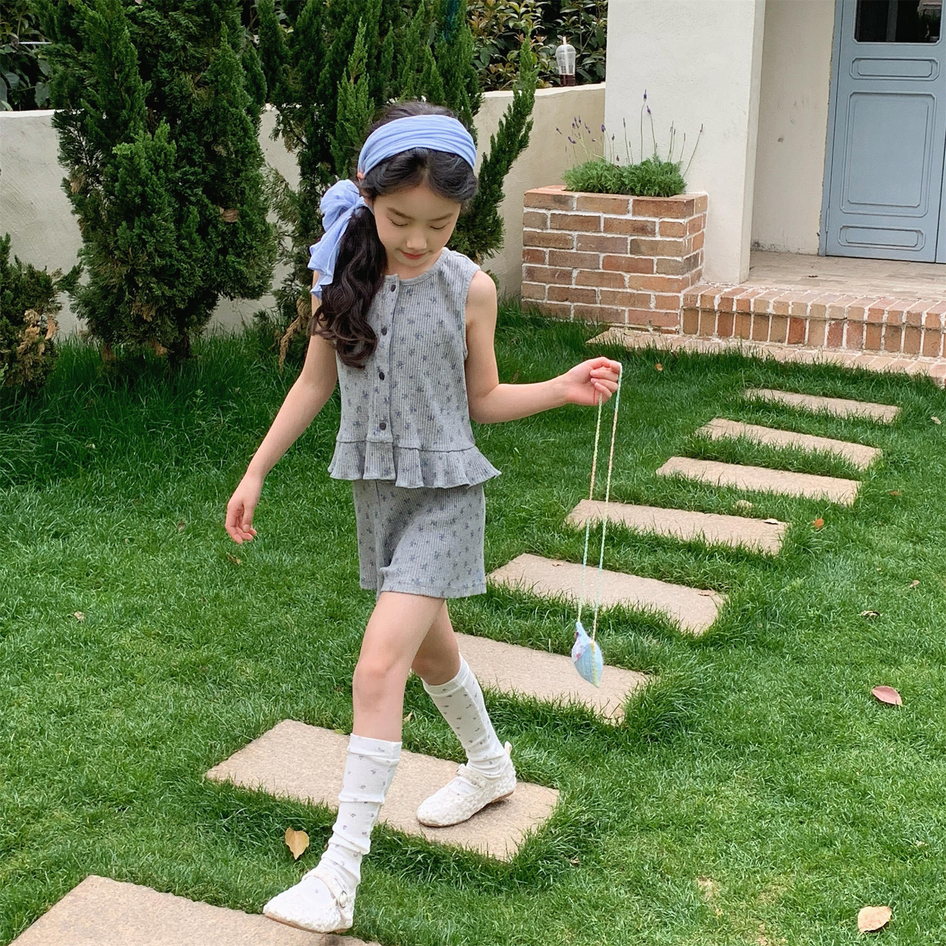 夏季無袖碎花套裝