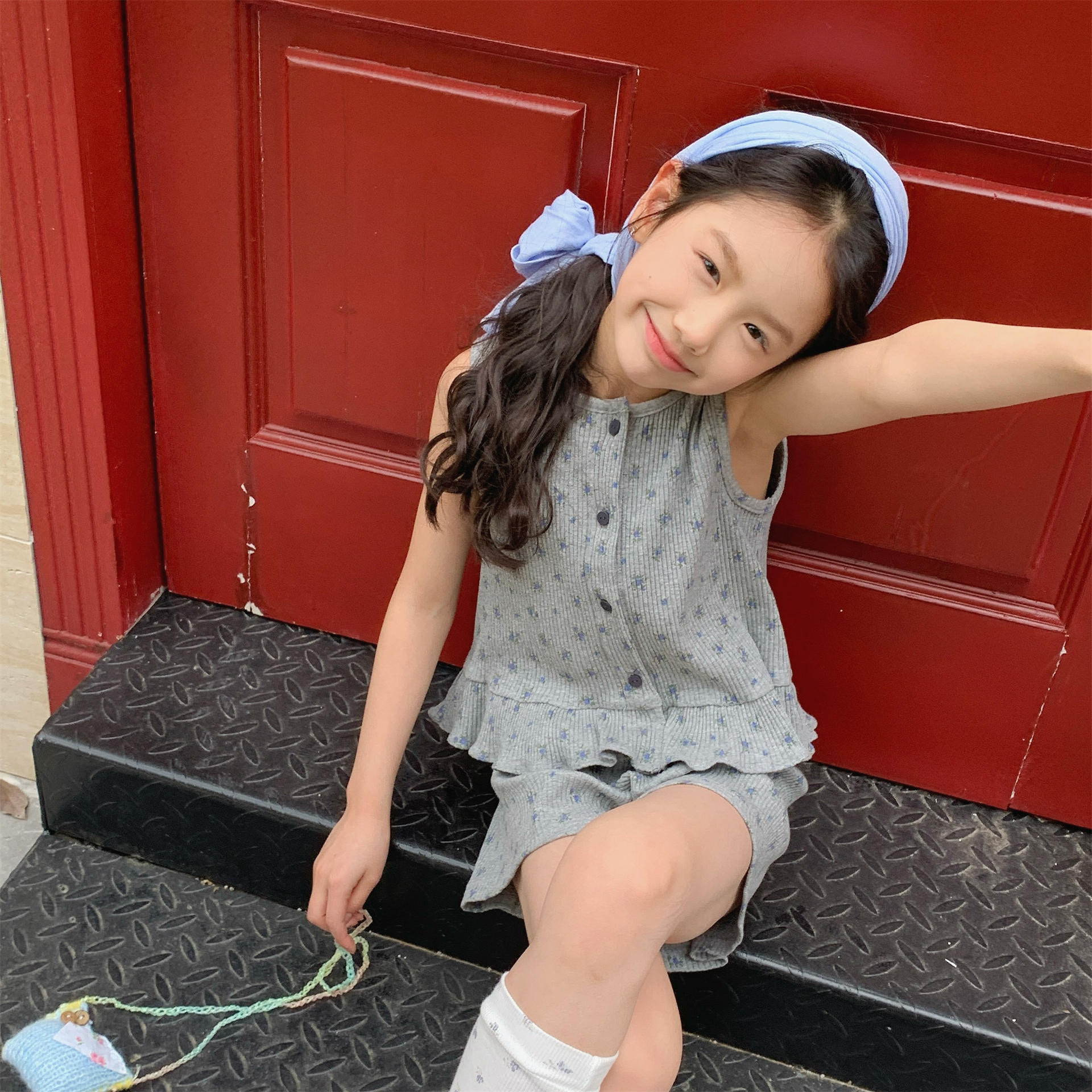 夏季無袖碎花套裝