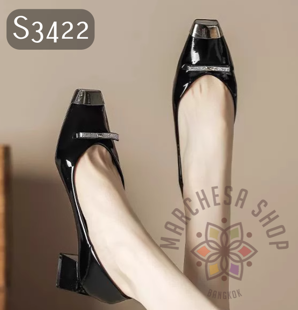 S3422 - 羊漆皮銀頭BlingBling裝飾方頭高踭鞋