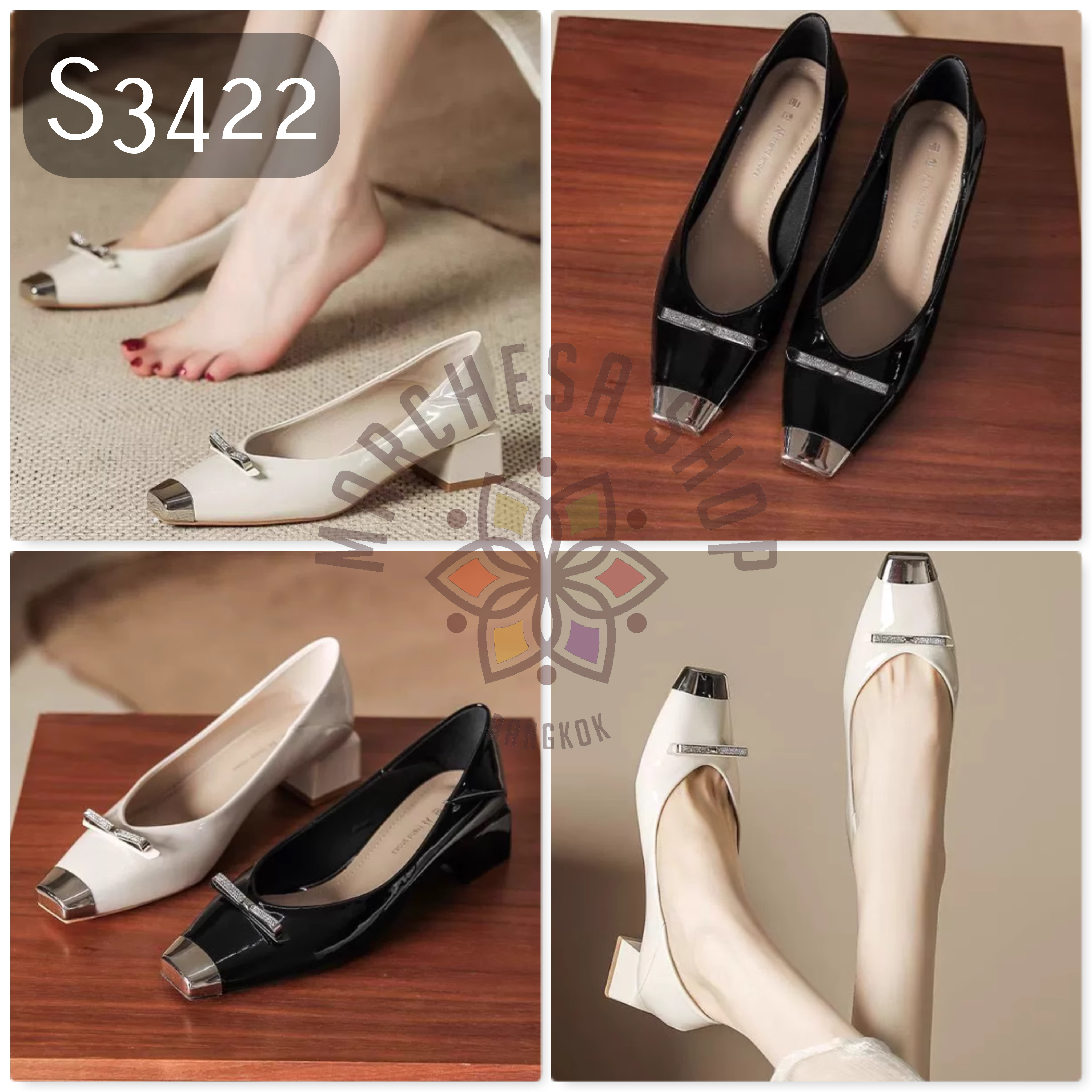 S3422 - 羊漆皮銀頭BlingBling裝飾方頭高踭鞋