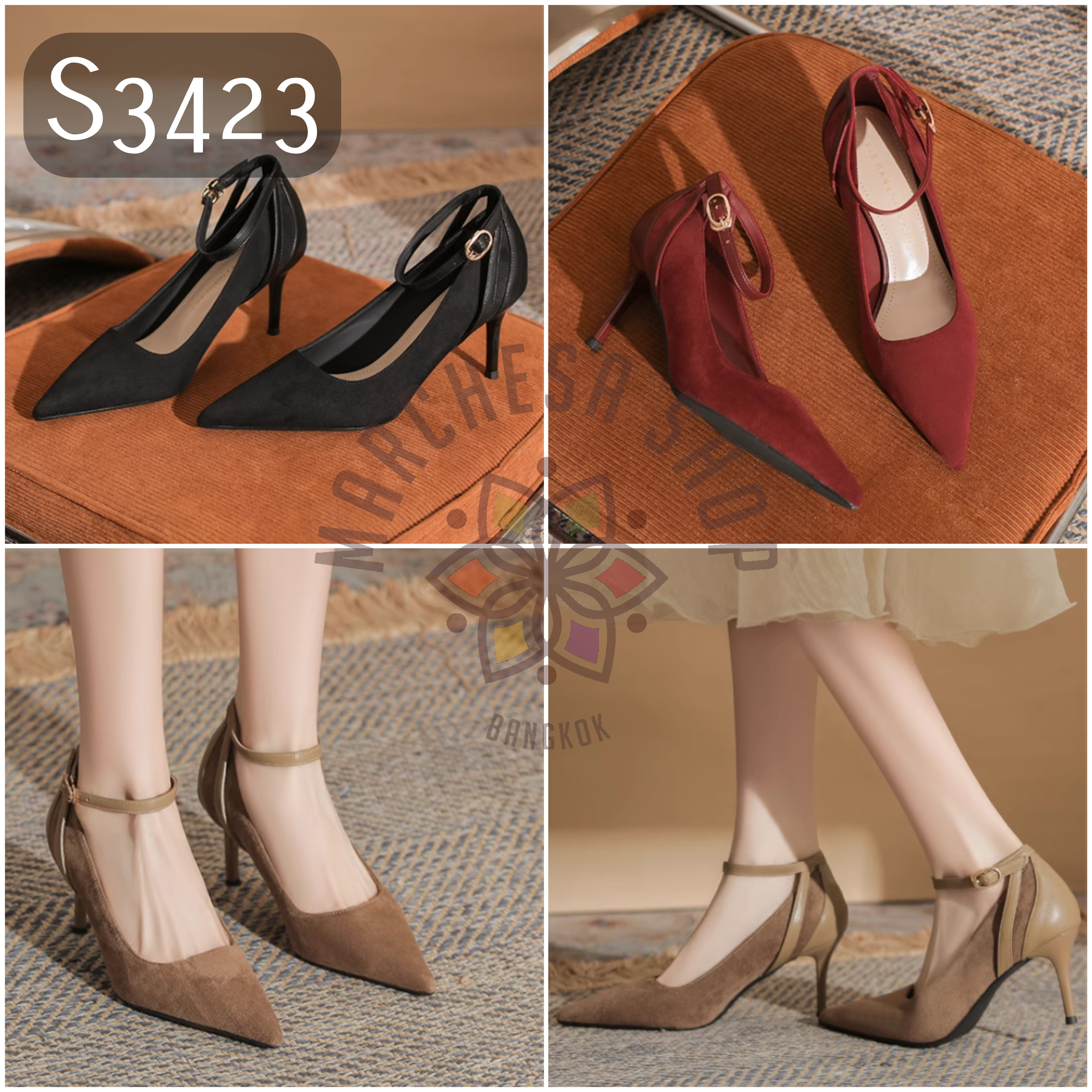 S3423 - 羊猄拼皮一字帶尖頭高踭鞋