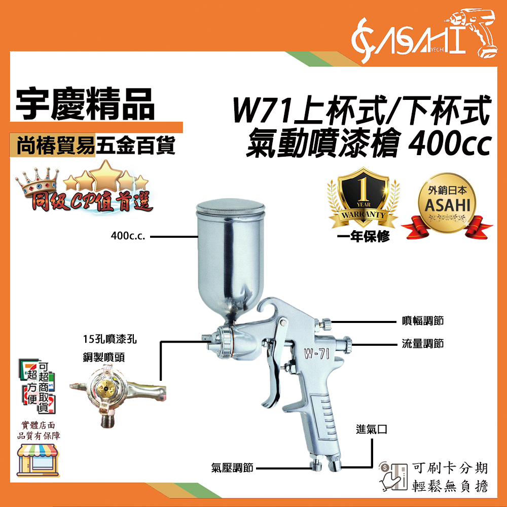 附發票｜W71上杯式/下杯式｜氣動噴漆槍 400cc容量15孔噴頭 噴漆槍組 PC-4漆杯 非W77