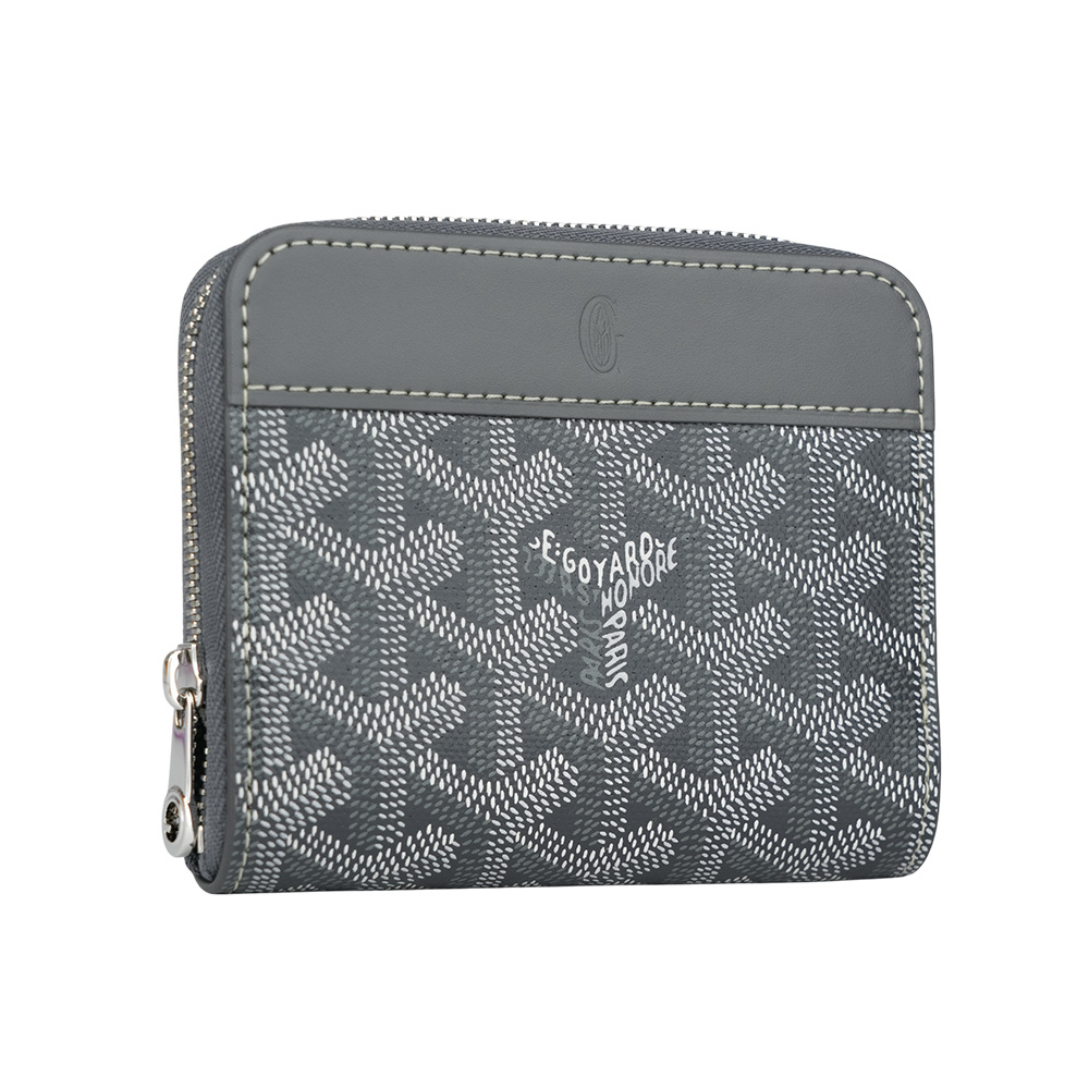 【GOYARD】MATIGNON  牛皮拼帆布ㄇ型拉鍊短夾(灰色)MATIGNPMLTY51CL51P