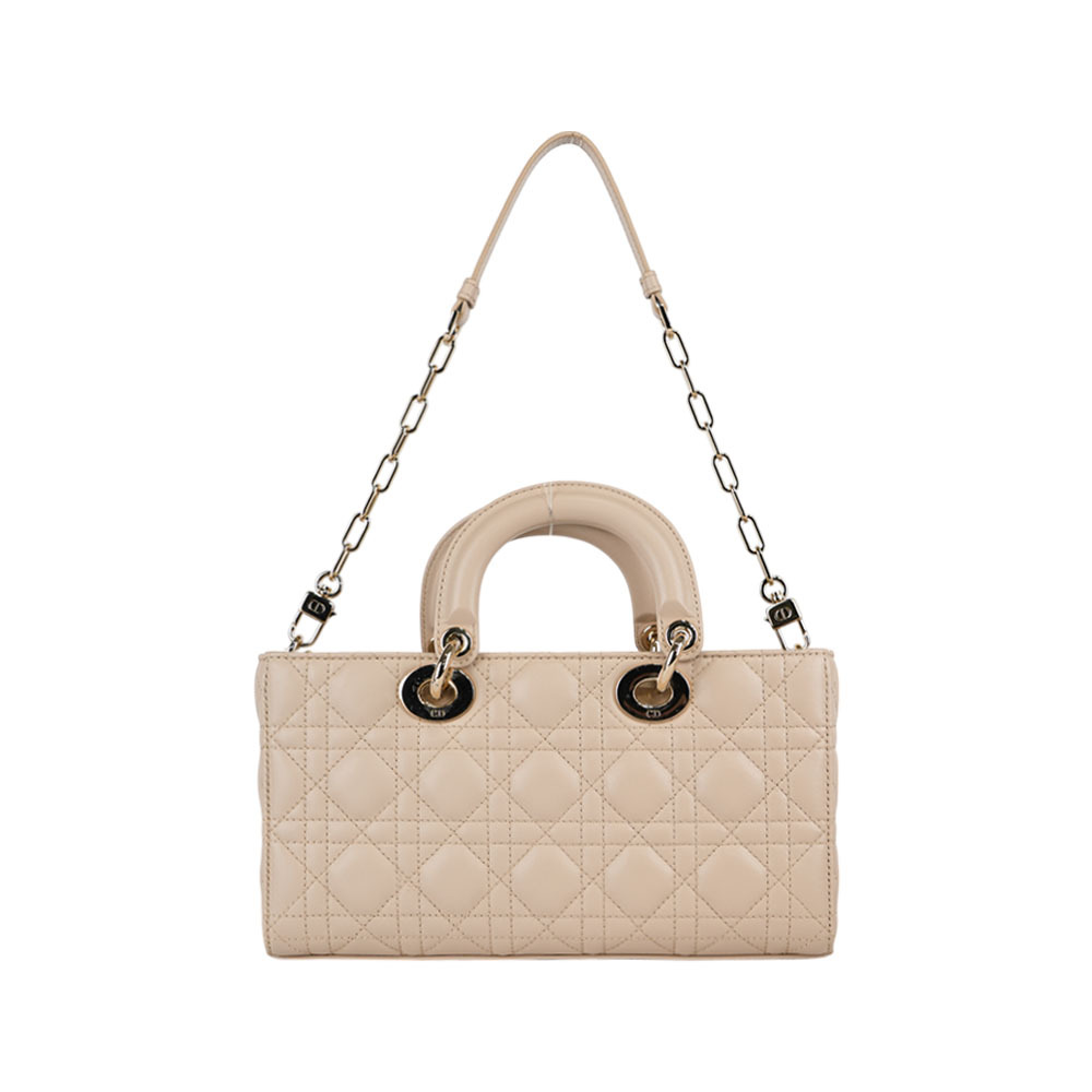 【CHRISTIAN DIOR】Lady D-Joy 籐格紋羊皮橫版中款黛妃包(淡米色) 88MA 0294
