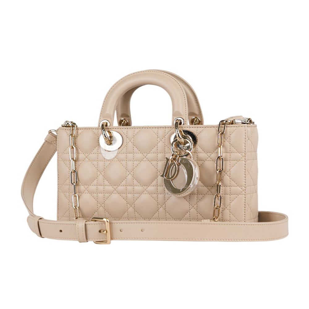 【CHRISTIAN DIOR】Lady D-Joy 籐格紋羊皮橫版中款黛妃包(淡米色) 88MA 0294