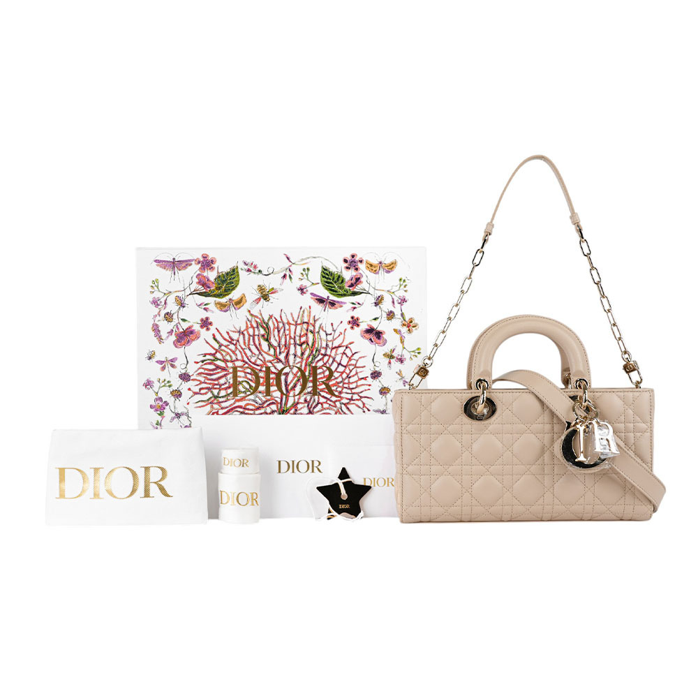 【CHRISTIAN DIOR】Lady D-Joy 籐格紋羊皮橫版中款黛妃包(淡米色) 88MA 0294