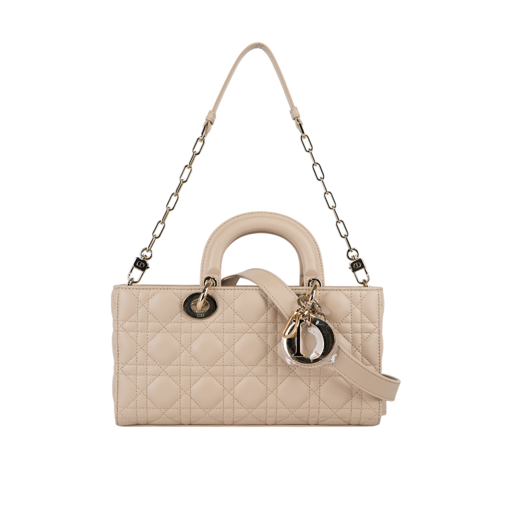 【CHRISTIAN DIOR】Lady D-Joy 籐格紋羊皮橫版中款黛妃包(淡米色) 88MA 0294