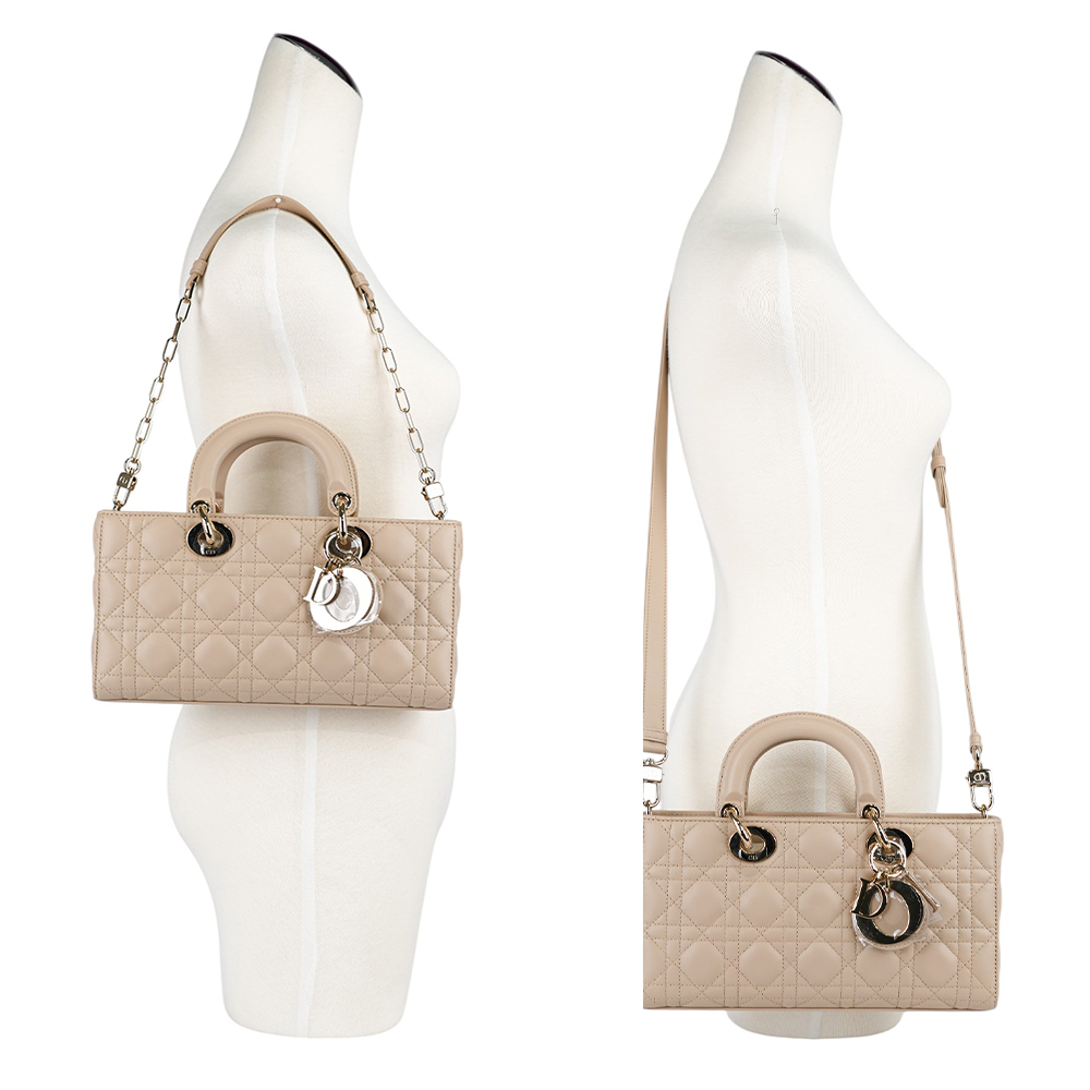 【CHRISTIAN DIOR】Lady D-Joy 籐格紋羊皮橫版中款黛妃包(淡米色) 88MA 0294