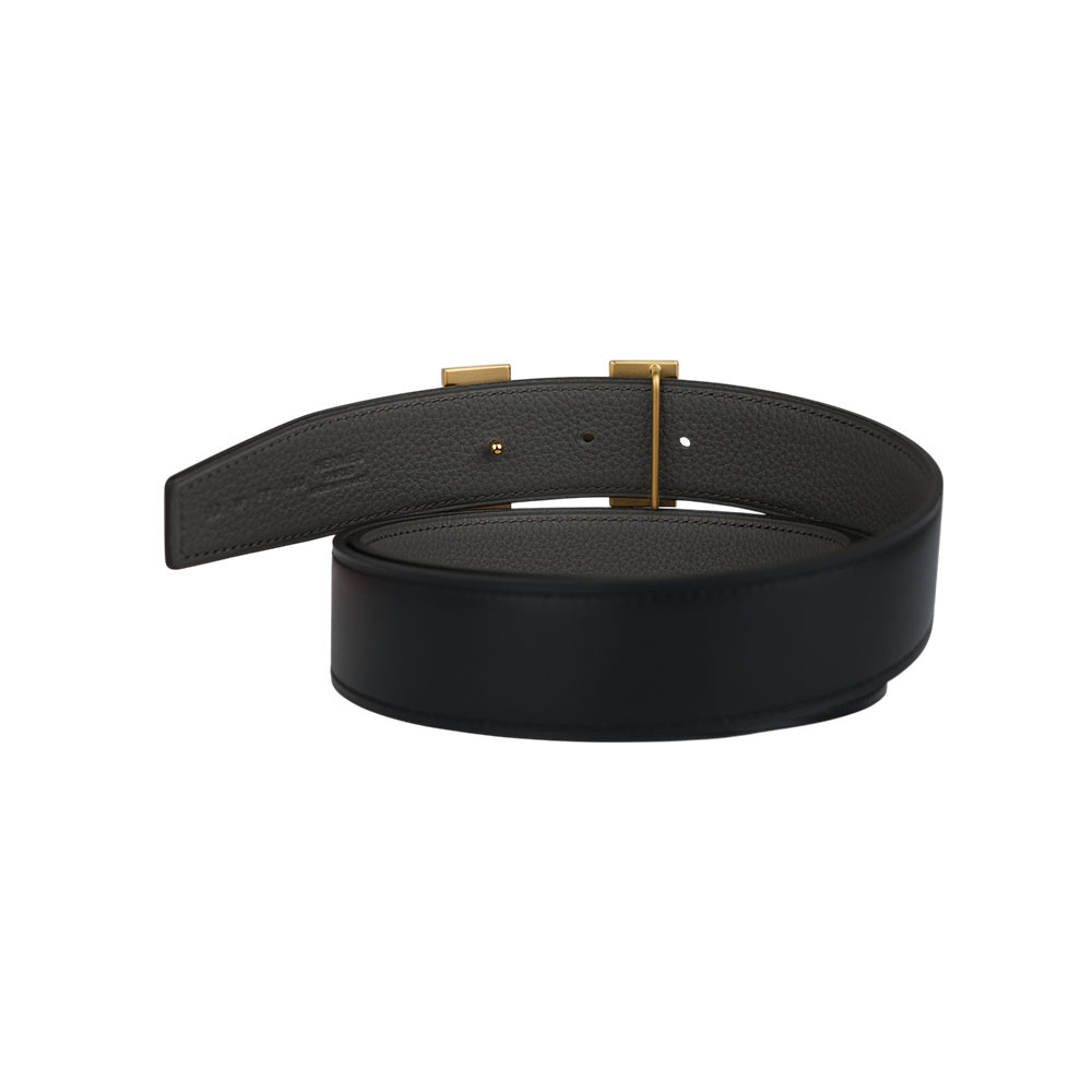 【HERMES】拼色Togo及Box皮+磨砂金釦H Logo皮帶 90cm (黑色/錫器灰)H073967CAAC