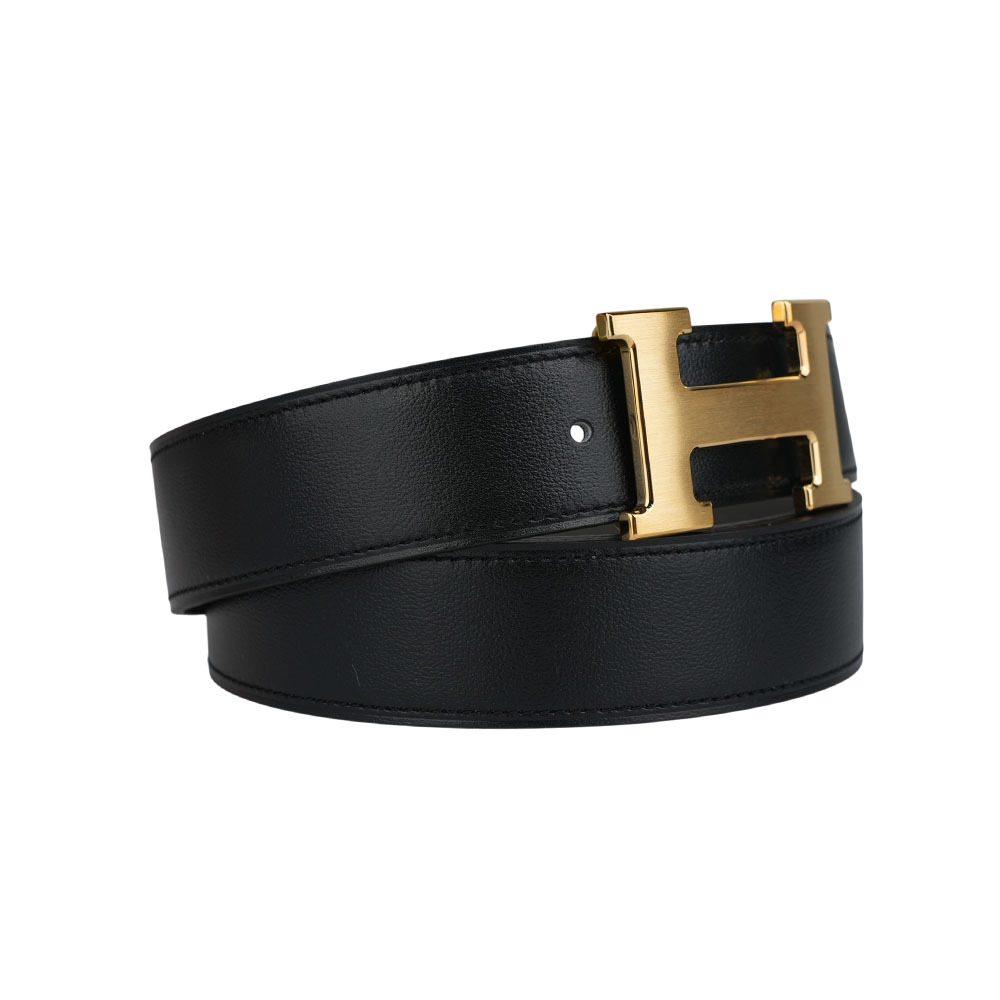 【HERMES】拼色Togo及Box皮+磨砂金釦H Logo皮帶 90cm (黑色/錫器灰)H073967CAAC