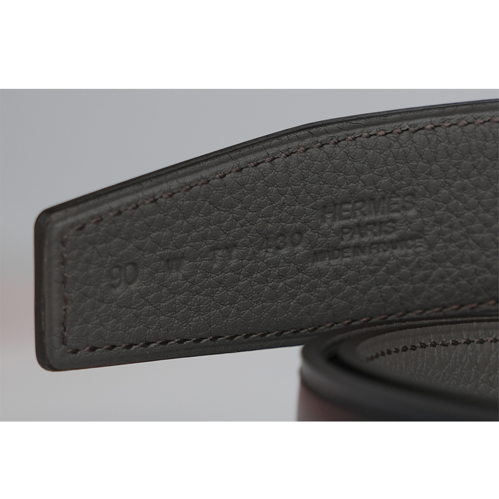 【HERMES】拼色Togo及Box皮+磨砂金釦H Logo皮帶 90cm (黑色/錫器灰)H073967CAAC