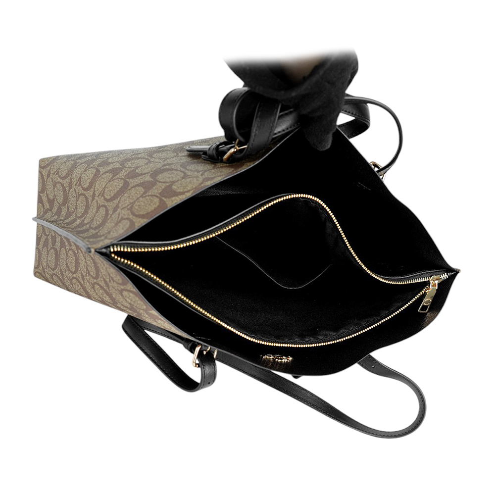 【COACH】Mollie 金字塗層帆布及皮革三層托特包(卡其/黑色) B2241-1665