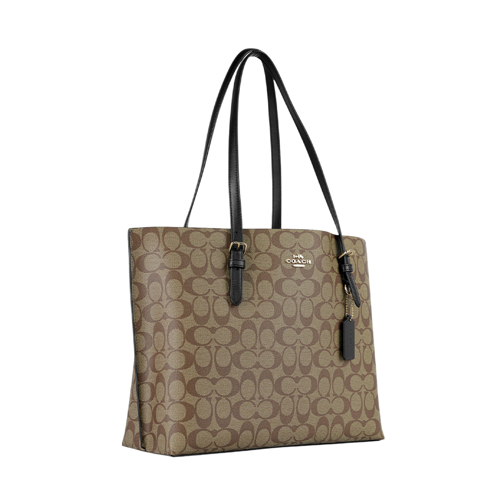 【COACH】Mollie 金字塗層帆布及皮革三層托特包(卡其/黑色) B2241-1665