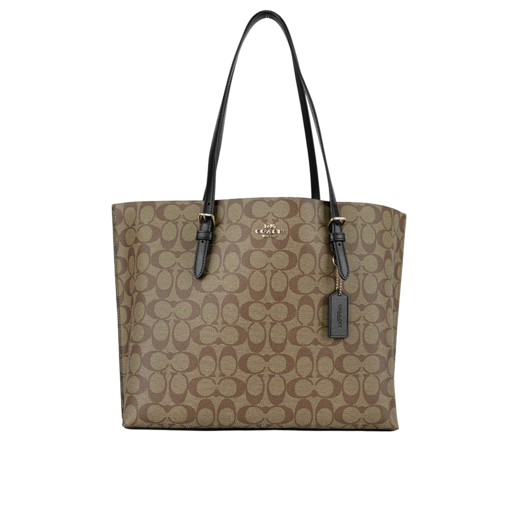 【COACH】Mollie 金字塗層帆布及皮革三層托特包(卡其/黑色) B2241-1665