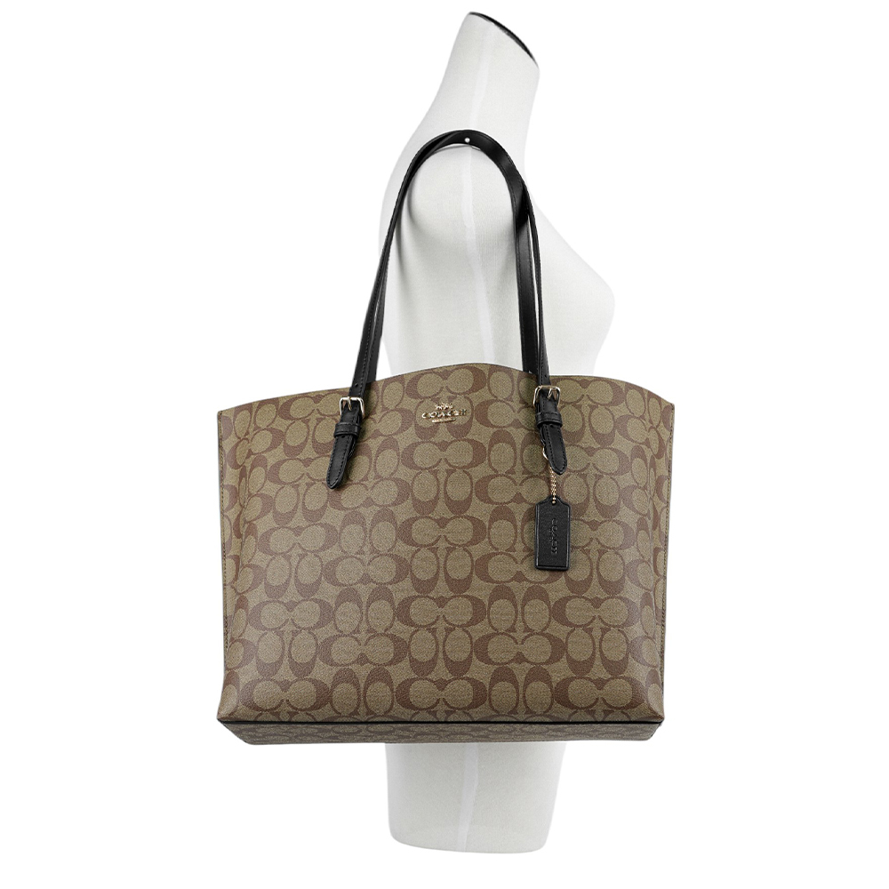 【COACH】Mollie 金字塗層帆布及皮革三層托特包(卡其/黑色) B2241-1665