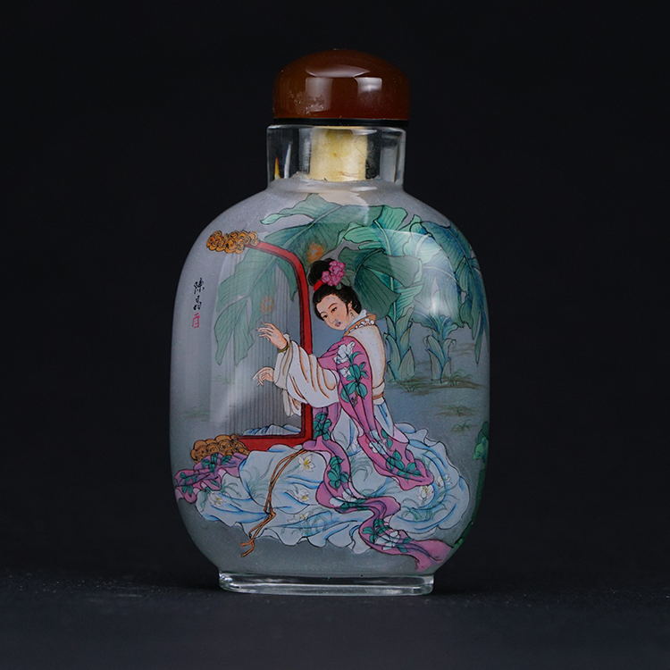 鹿港窯典藏內畫工藝|採蓮樂女鼻煙壺 水鄉採蓮仕女撫琴映現古風雅韻