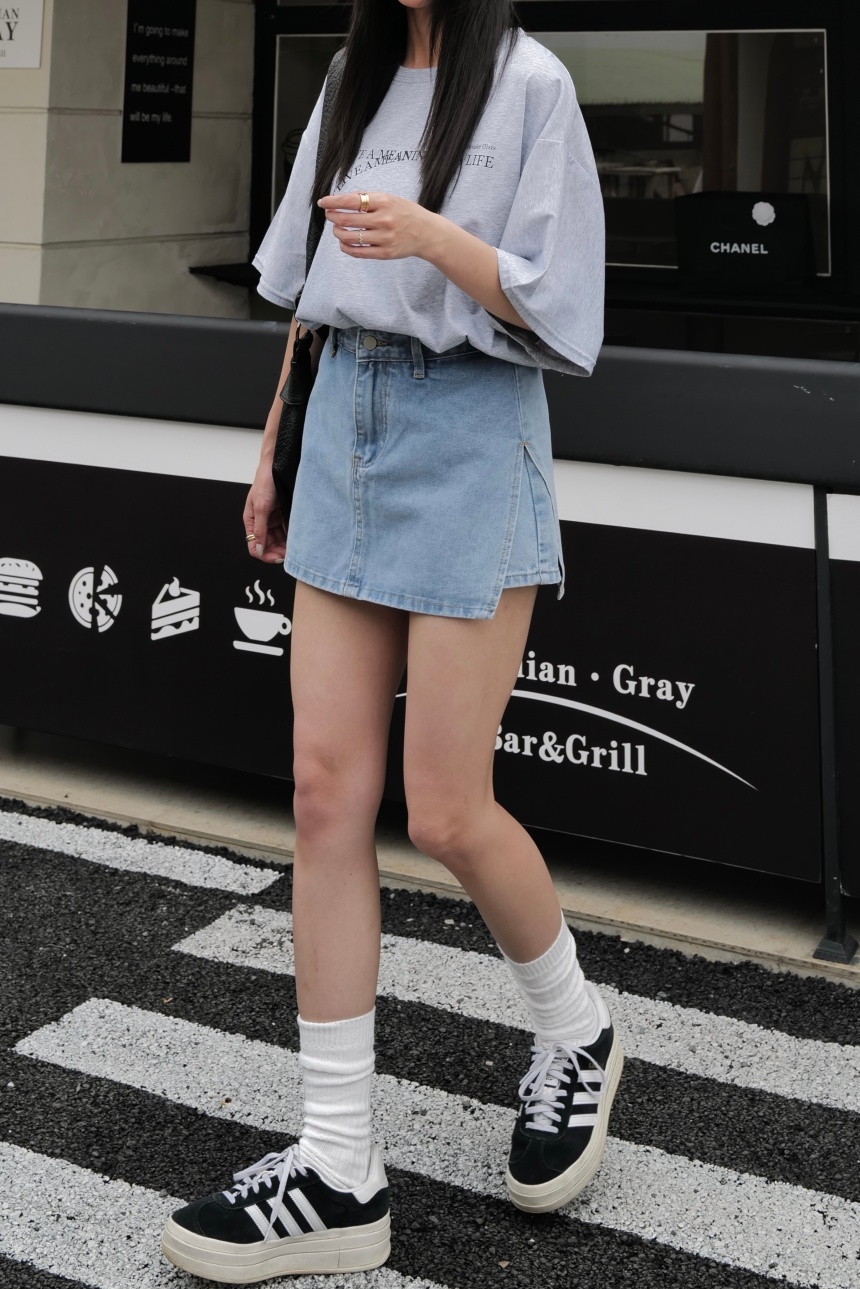 牛仔側開衩短褲裙*3色