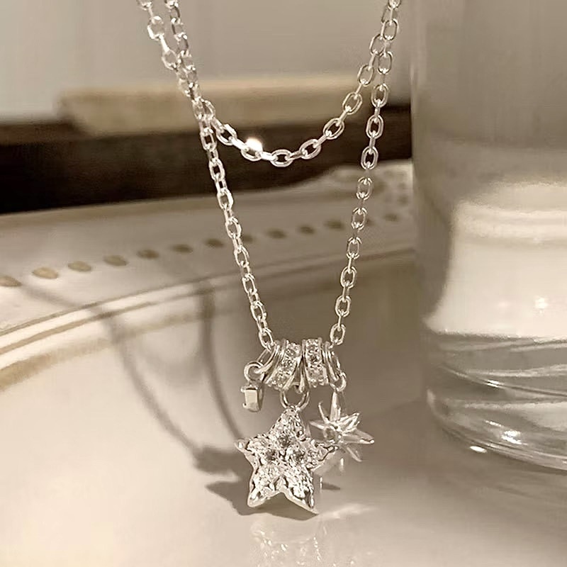 白金星空銀鑽小環”垂墜芒星鑽項鍊