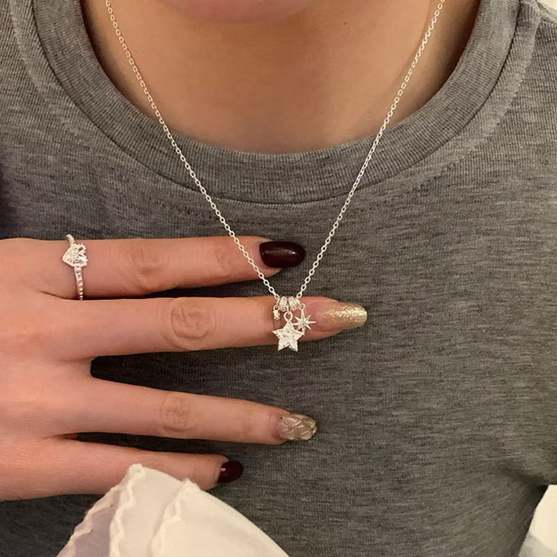 白金星空銀鑽小環”垂墜芒星鑽項鍊