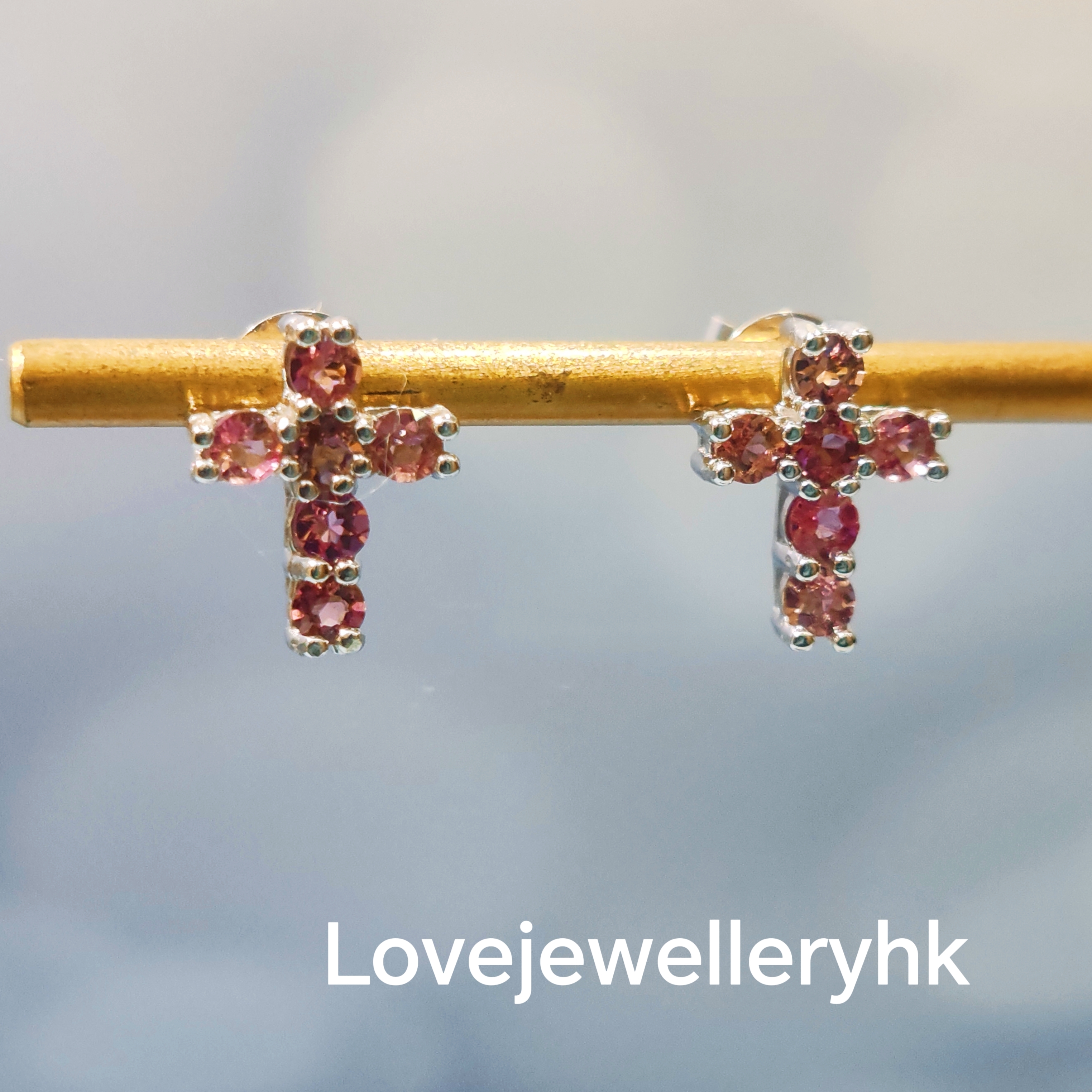 天然粉紅碧璽十字架耳環       GE035