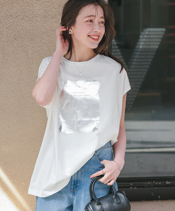 titivate 箔プリントフレンチスリーブTシャツ白S（AFXT0365）