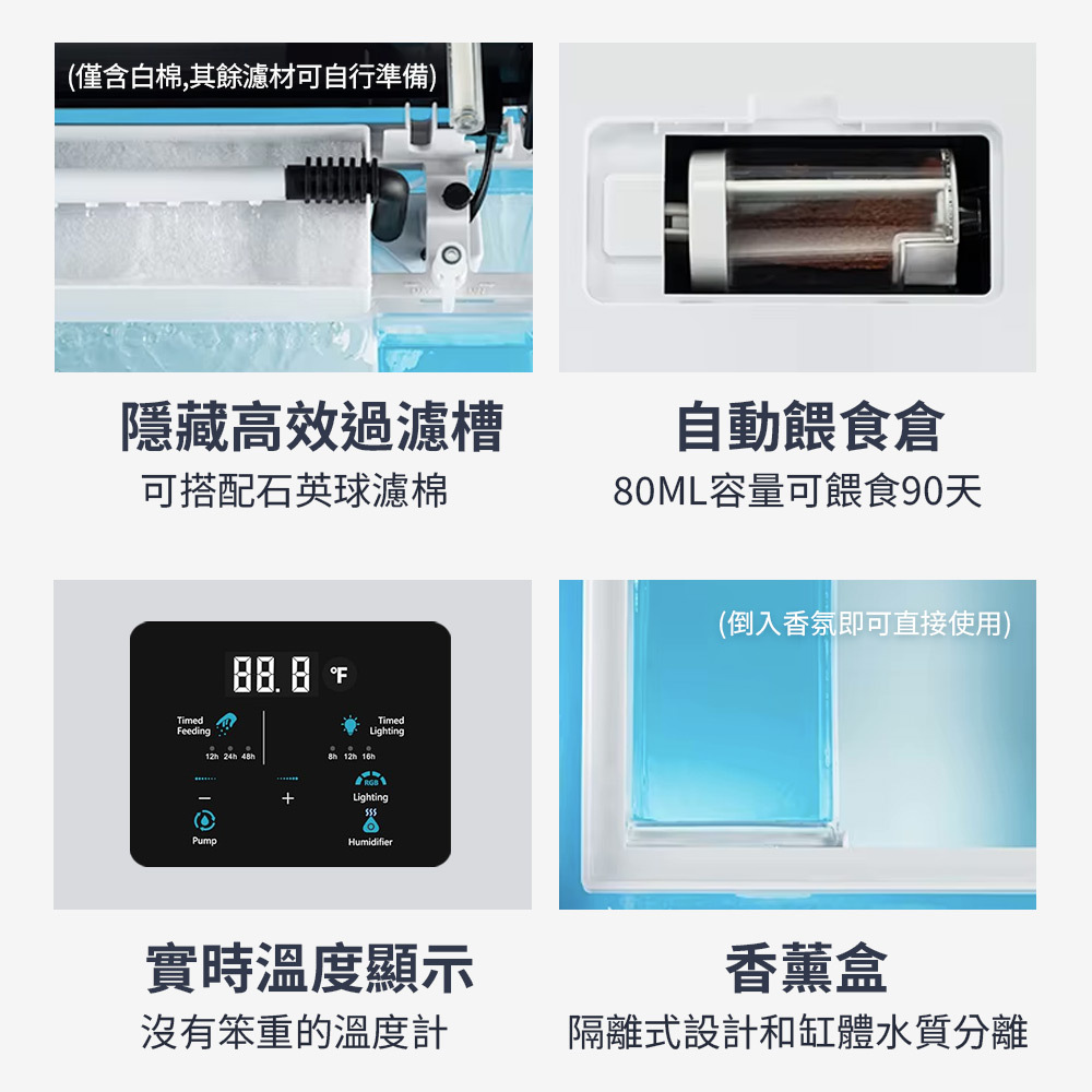 高效過濾與智慧控溫，維護更省心、自動餵料箱80毫升的容量可以餵食90天、實時溫度顯示、香薰盒