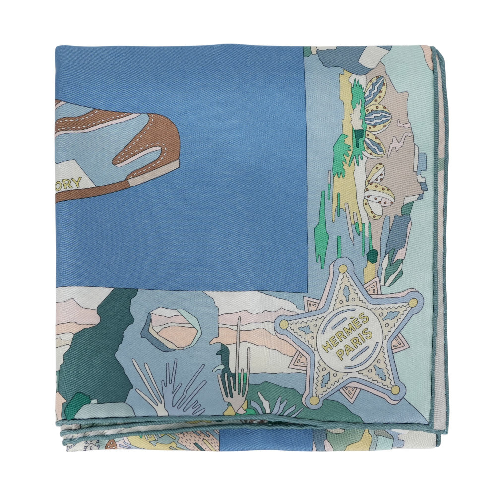 【HERMES】靴子的故事絲質方巾(90 x 90)(藍色/玫瑰粉/綠色)H004203S 05