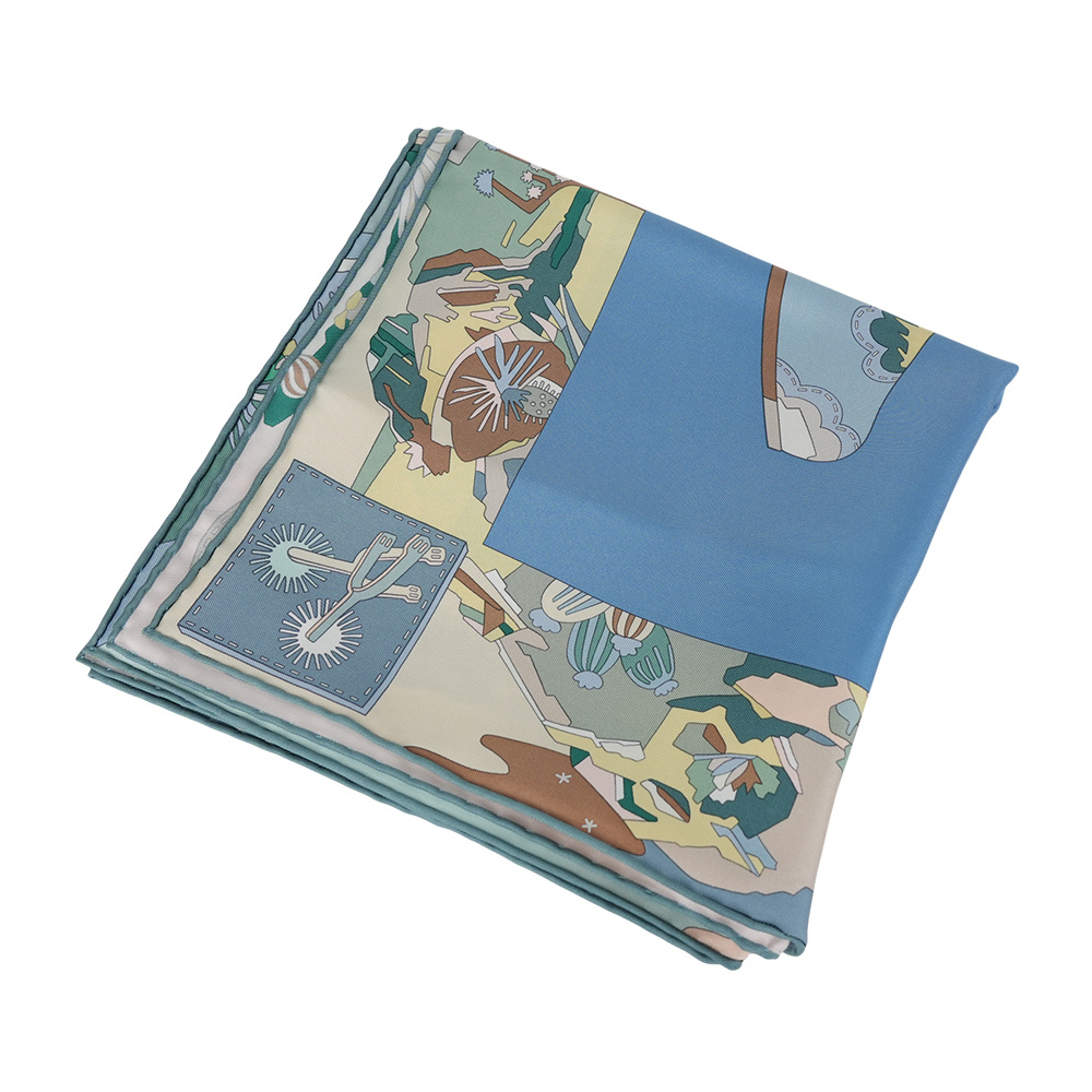 【HERMES】靴子的故事絲質方巾(90 x 90)(藍色/玫瑰粉/綠色)H004203S 05