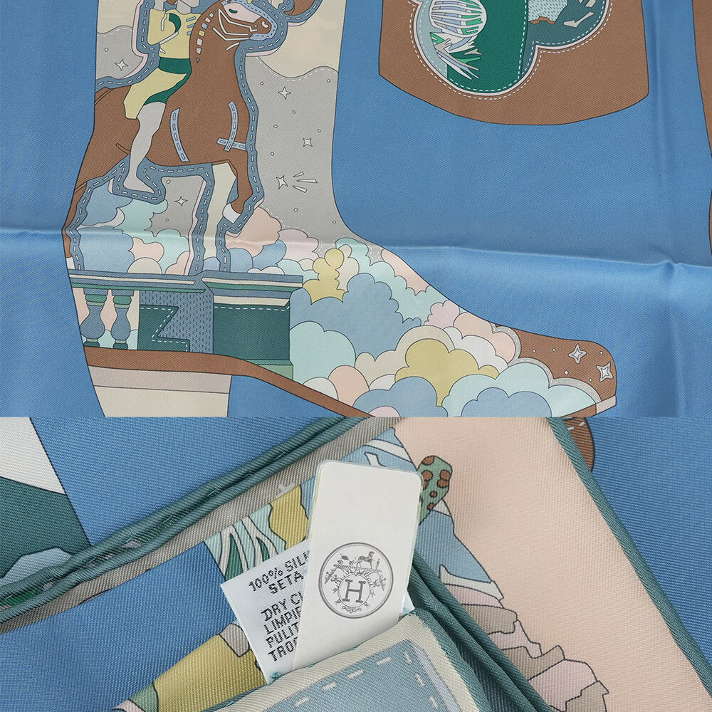 【HERMES】靴子的故事絲質方巾(90 x 90)(藍色/玫瑰粉/綠色)H004203S 05