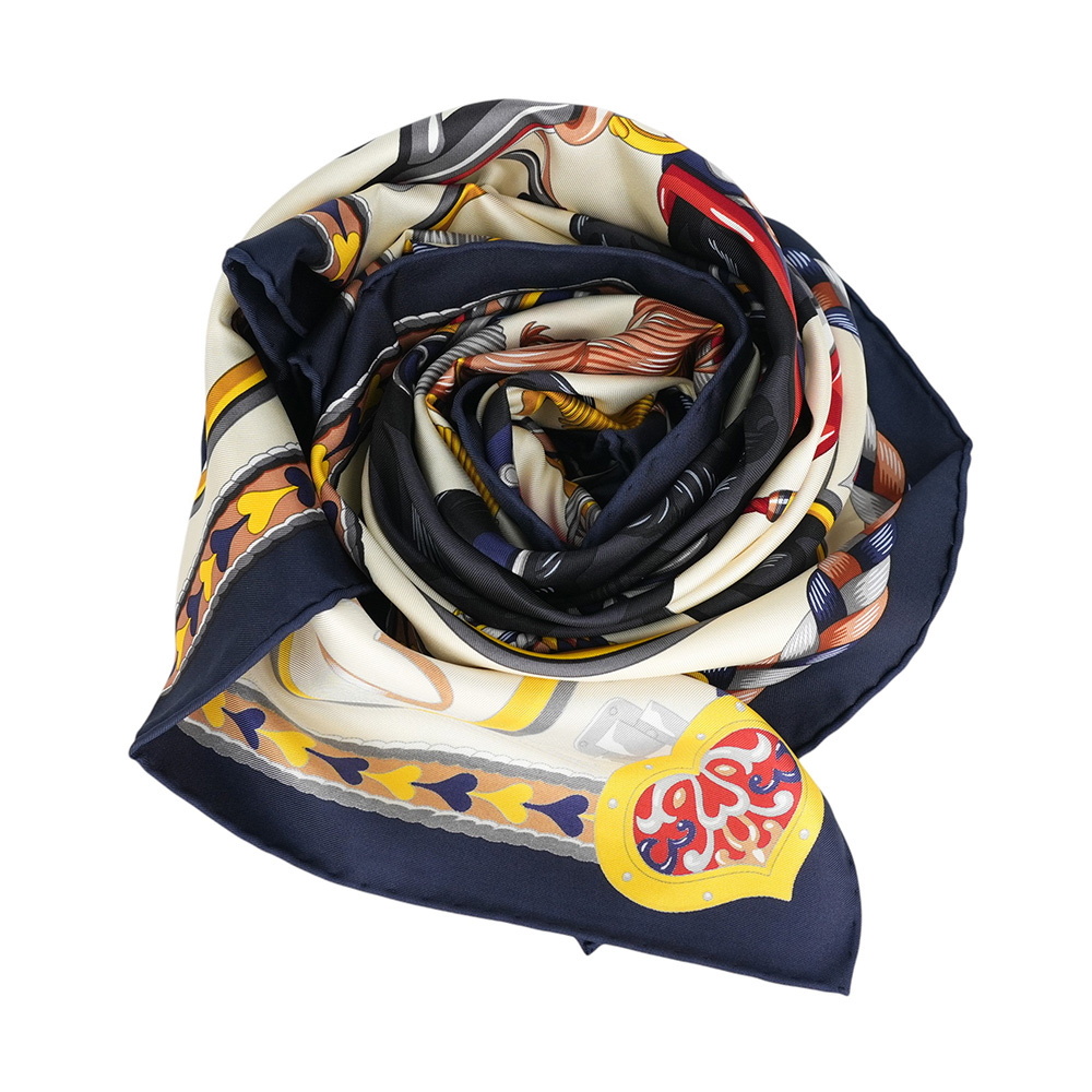 【HERMES】甜蜜的鞍具絲質方巾(90 x 90)(藍黑色/奶油白/炭灰色)H004090S 12