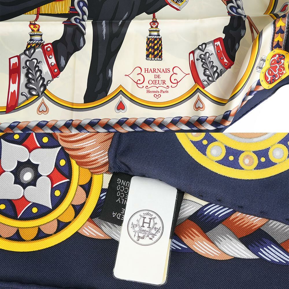 【HERMES】甜蜜的鞍具絲質方巾(90 x 90)(藍黑色/奶油白/炭灰色)H004090S 12