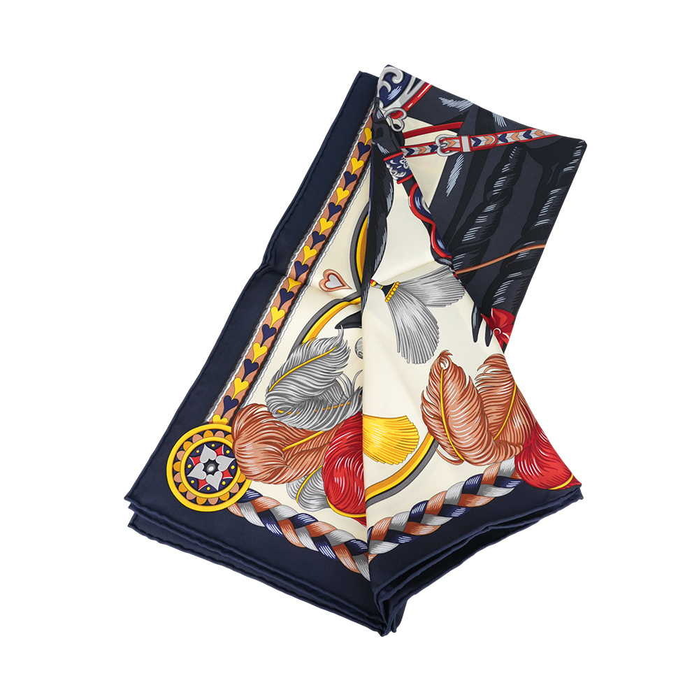 【HERMES】甜蜜的鞍具絲質方巾(90 x 90)(藍黑色/奶油白/炭灰色)H004090S 12