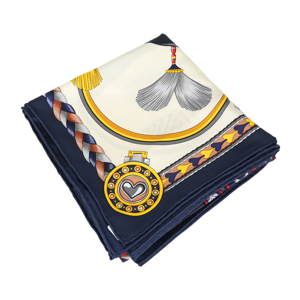 【HERMES】甜蜜的鞍具絲質方巾(90 x 90)(藍黑色/奶油白/炭灰色)H004090S 12