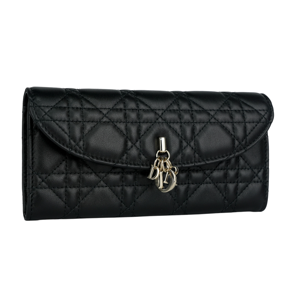 【CHRISTIAN DIOR】Violet 小羊皮籐格紋翻蓋二折長夾(黑色)