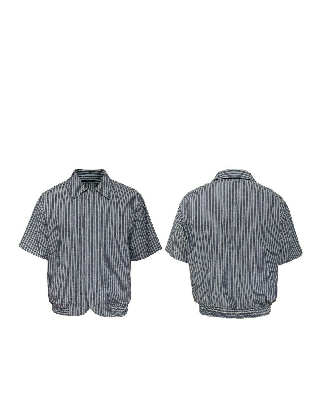 JCA 泡泡摺 下擺彎弧 條紋 短袖 #襯衫