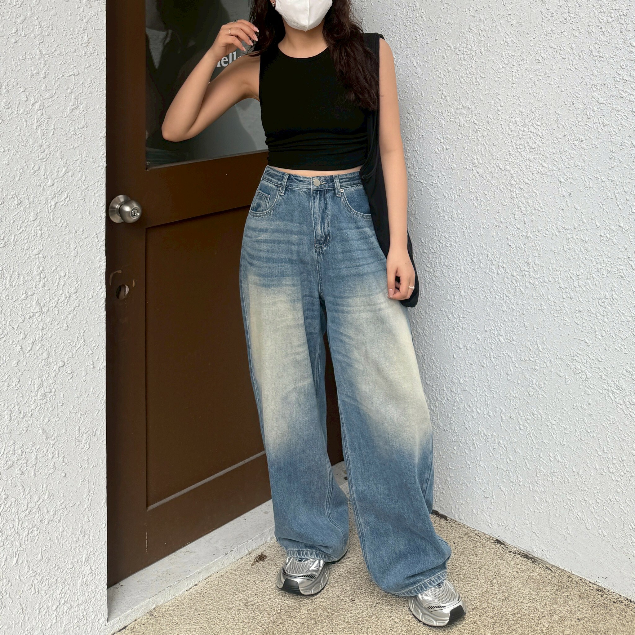 老照片像素 刷白紋理牛仔寬褲