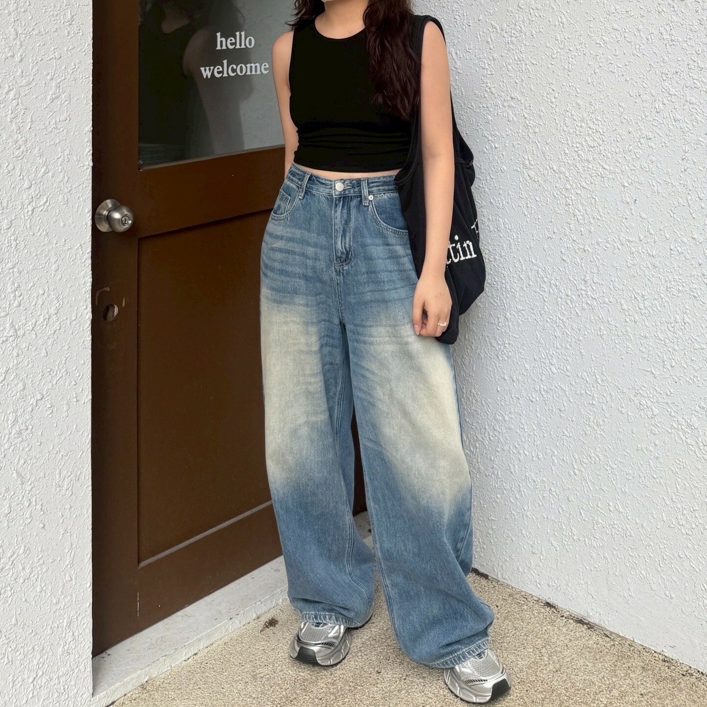 老照片像素 刷白紋理牛仔寬褲