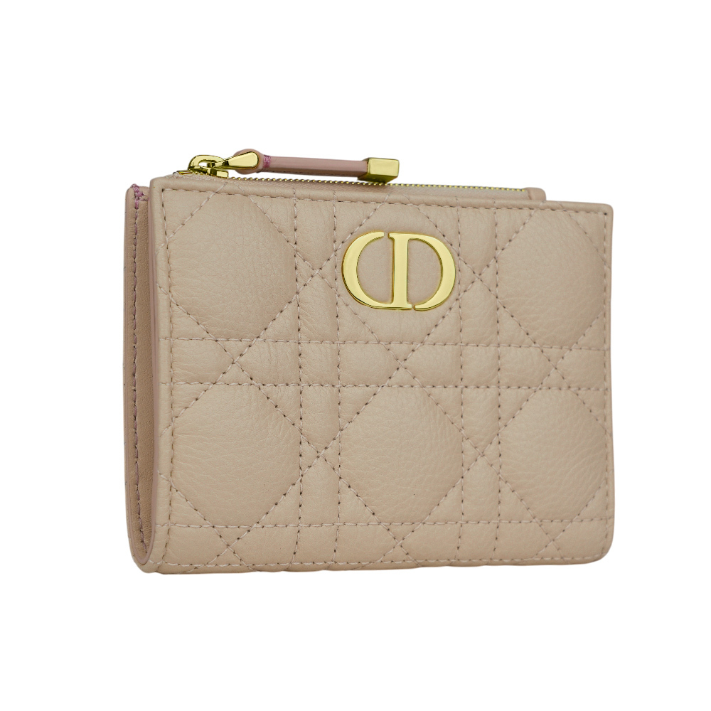 【CHRISTIAN DIOR】Caro Dahlia 小牛皮籐格紋內拼色釦式二折短夾