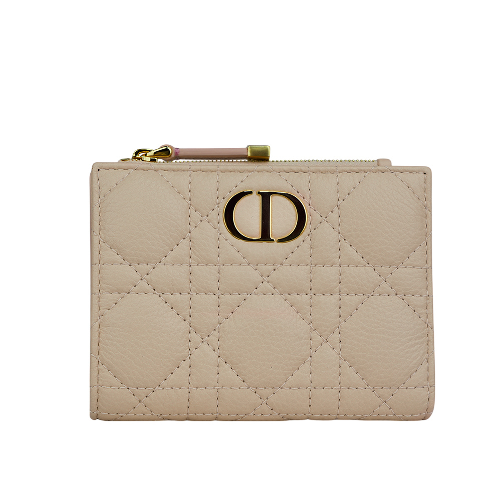 【CHRISTIAN DIOR】Caro Dahlia 小牛皮籐格紋內拼色釦式二折短夾(粉色)S5226UBWX_M03I