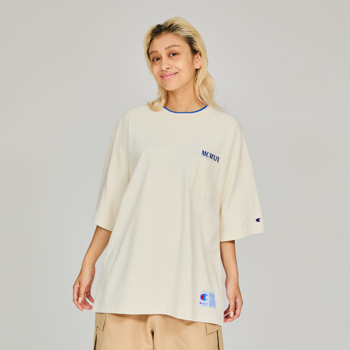 男款-AS厚磅 刺繡口袋短袖T恤-米色（C3-B318-033）