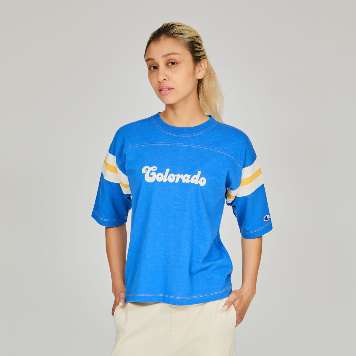 女款-印花 拼接 棉質 短袖 T恤-藍色 （CW-B317-360）