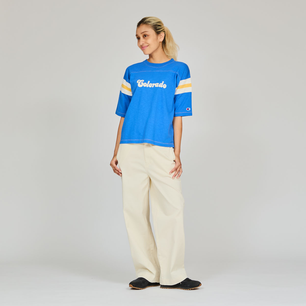 女款-印花 拼接 棉質 短袖 T恤-藍色 （CW-B317-360）