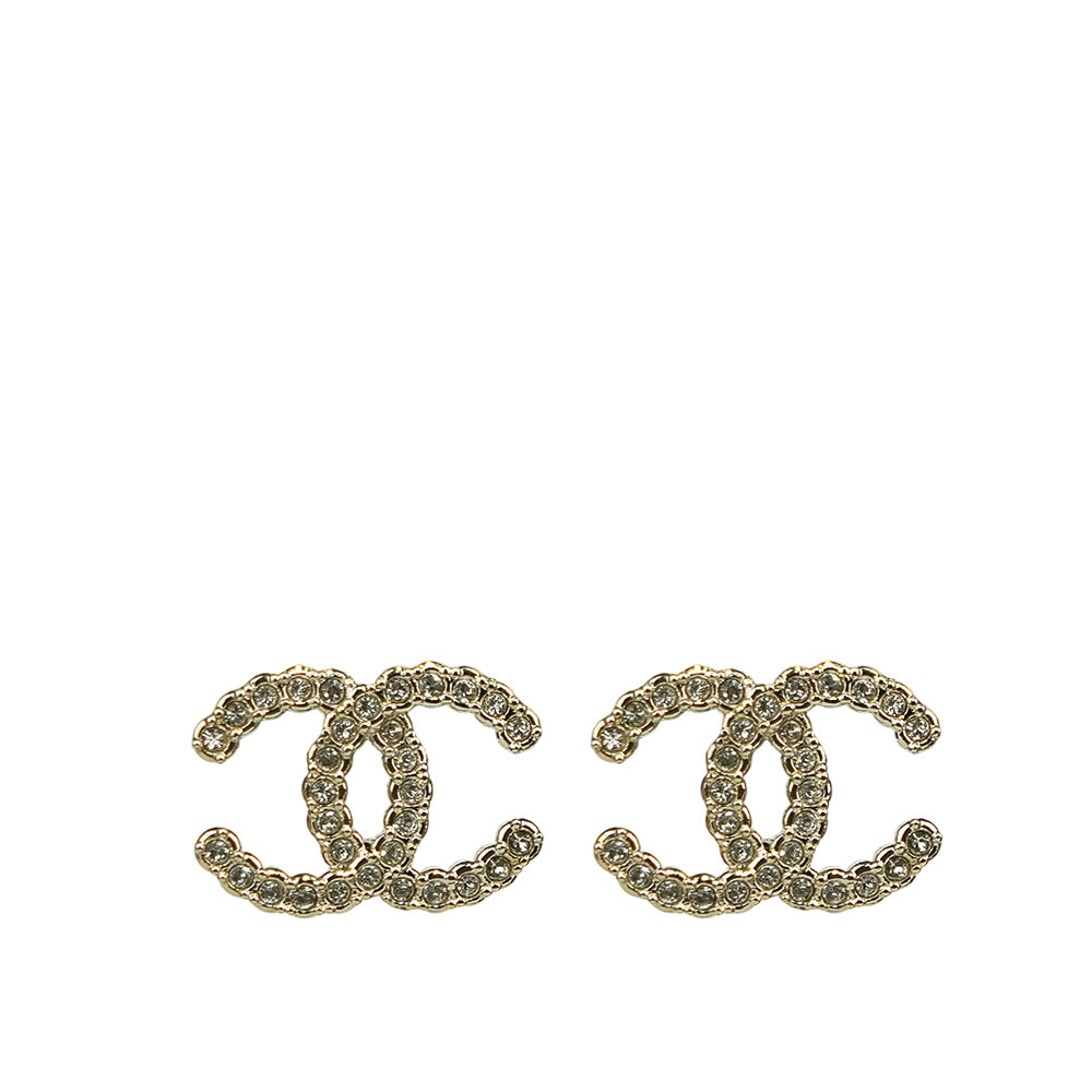 【CHANEL】CC Logo 水鑽中款針式耳環(金色)