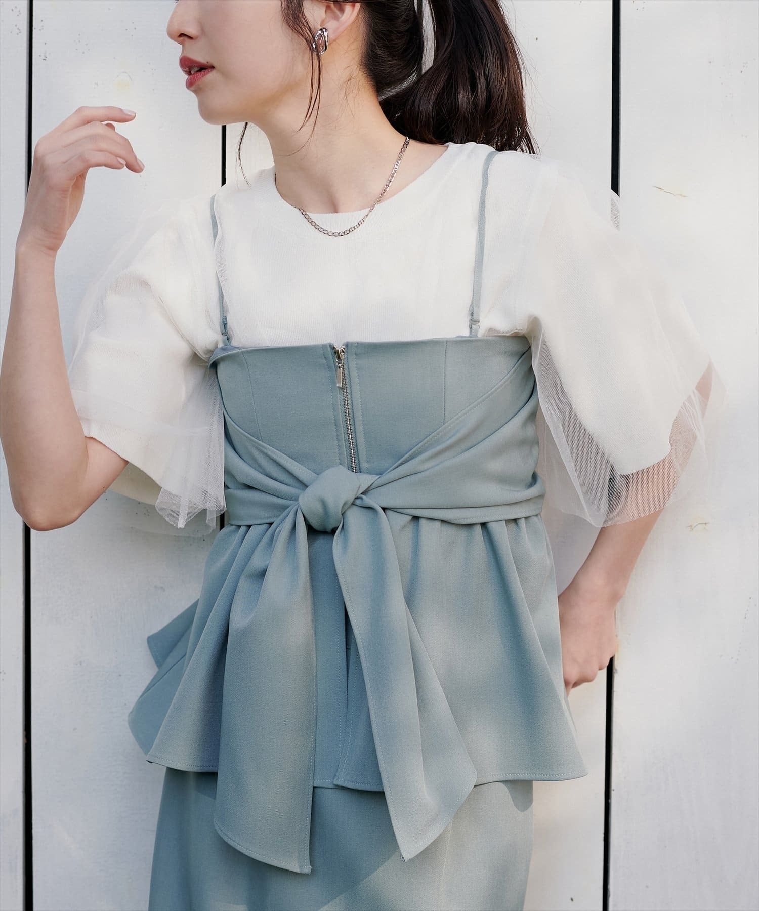 natural couture(ナチュラルクチュール)  チュールレイヤードニットプルオーバー白（0351050210）