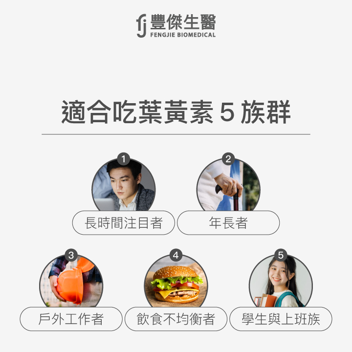 適合吃葉黃素5族群：長時間注目者、年長者、戶外工作者、飲食不均衡者、學生與上班族。