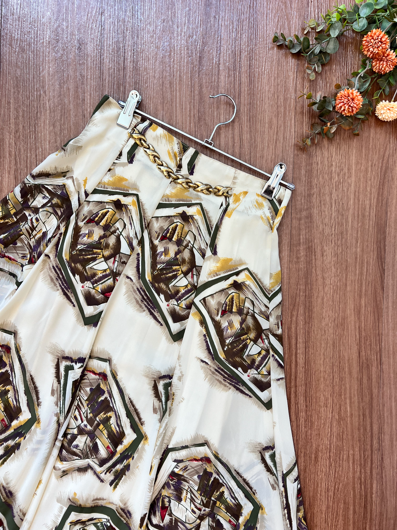 日本製米黃色手繪感抽象圖案古著半身裙