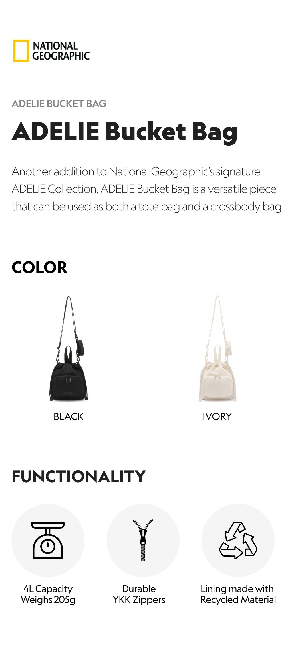 [NG] アデリー BUCKET BAG ★大人気★ ADELIE Bucket Bag BLACK | National Geographic MY