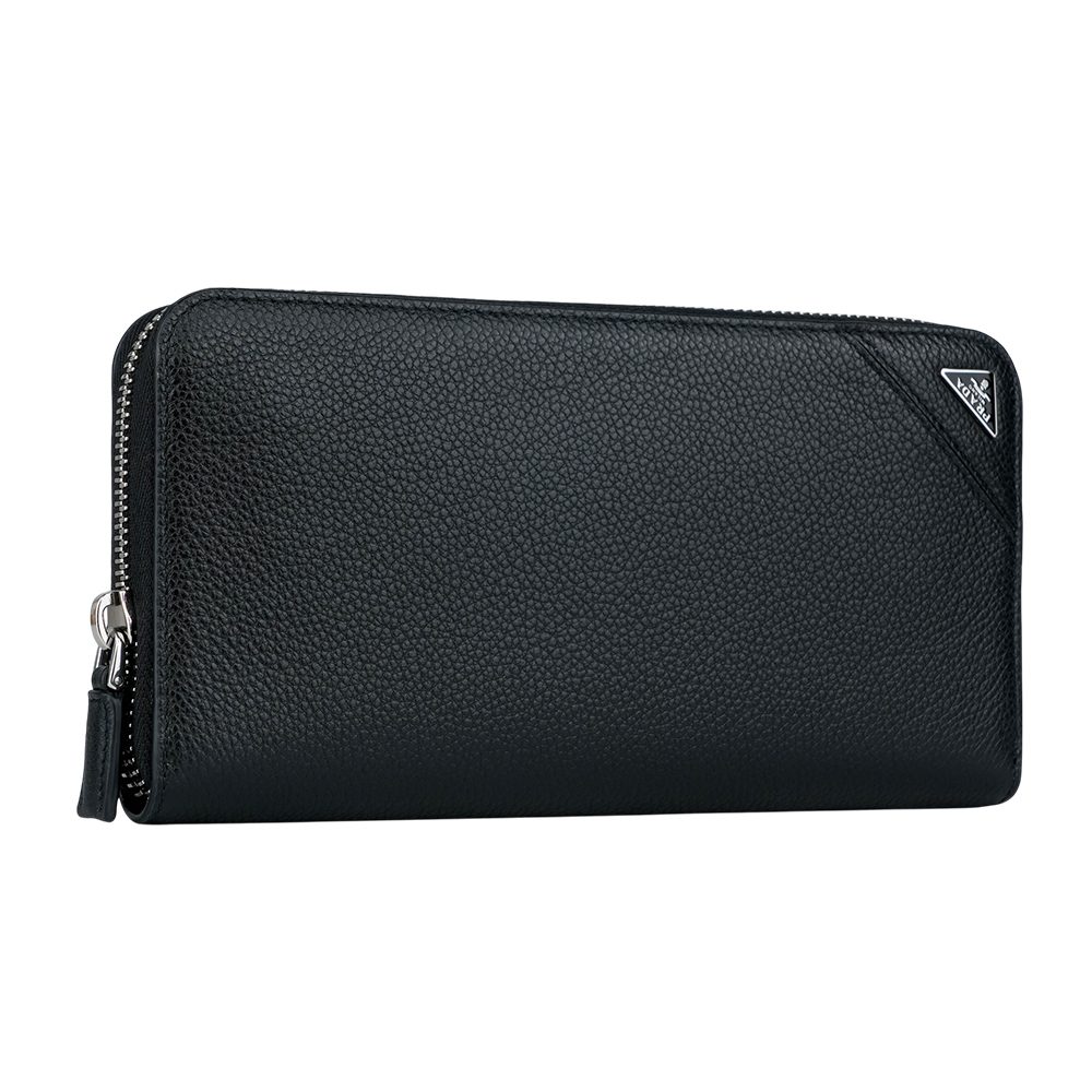 【Prada】銀色三角牌Logo 粒紋皮革ㄇ型拉鍊長夾(黑色)